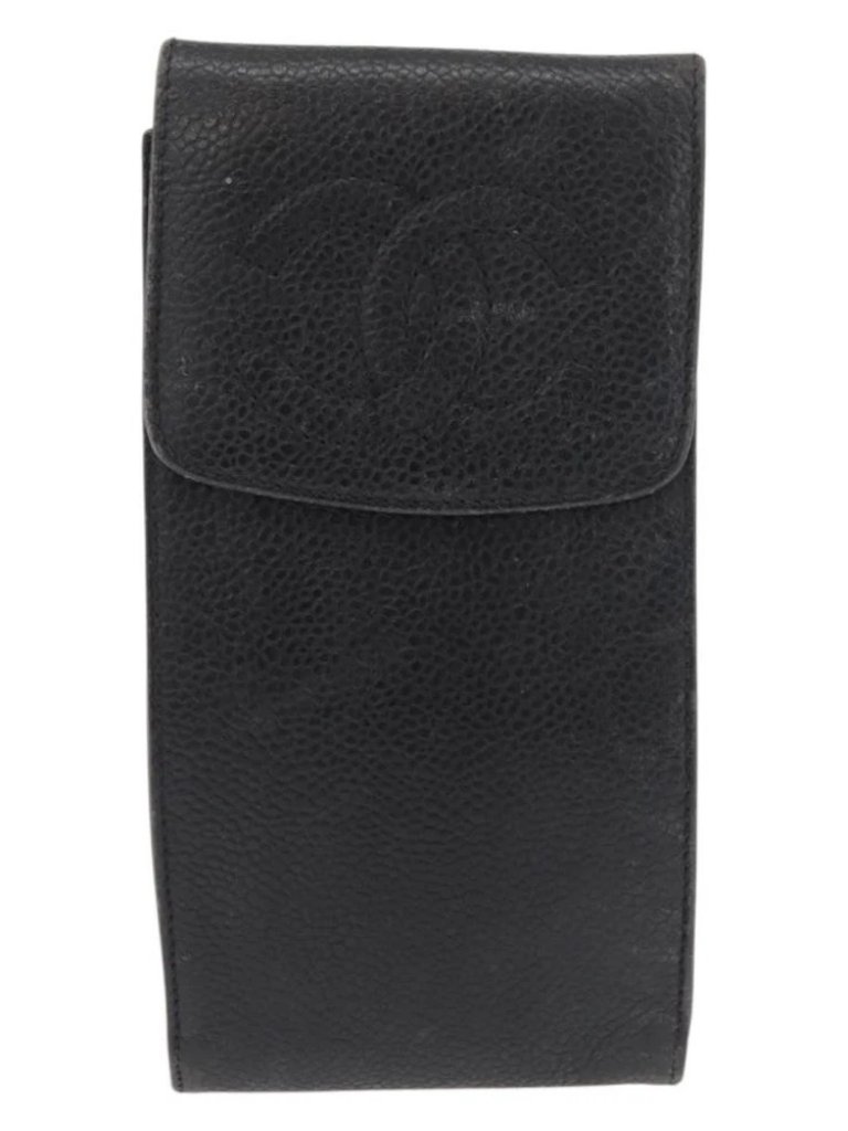Chanel Glasses Case Grained Calf Skin Black Gold Cc Auth Am11661